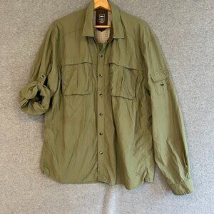 REI Men XL Button Up Shirt Solid Tee Olive Long Sleeve RN 37249 Fishing